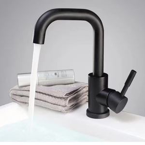 Robinet <span class=keywords><strong>de</strong></span> <span class=keywords><strong>cuisine</strong></span> moderne en acier inoxydable 304 à poignée unique, monté sur le pont, avec finition noire, eau chaude/froide pour salle <span class=keywords><strong>de</strong></span> bain - Product Image 1