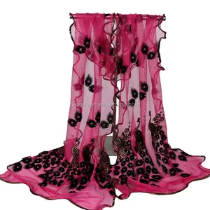 Girls Long Soft Shawl Fashion Embroidered Lace Peacock Scarves polyester Silk Scarf