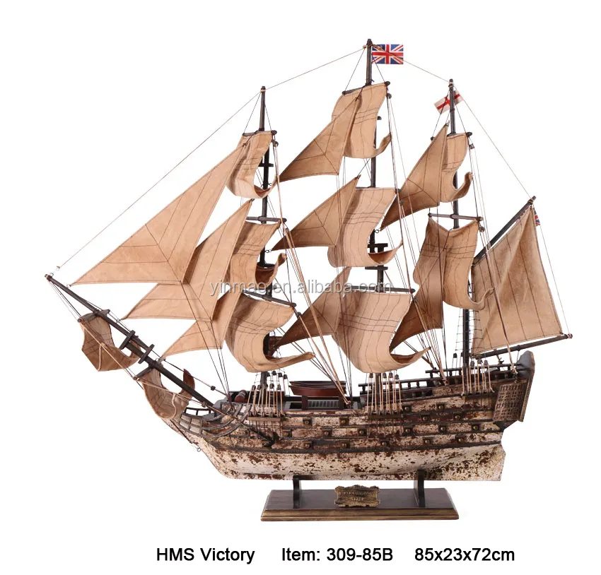 85 سنتيمتر الطول ، "H.M.S النصر" القراصنة نموذج باخرة ، العتيقة الأبيض إنهاء مع خريطة مطبوعة الأشرعة