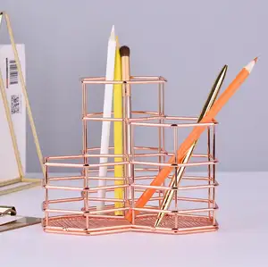 Tri Hexagon Metal Makeup Brush Organizer Stationery Storage Container Pencil Marker Gel Pen Holder