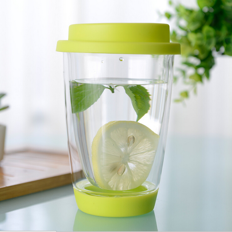 12OZ Double Wall Insulated Glass Travel Cup with Silicone Lid and Bottom