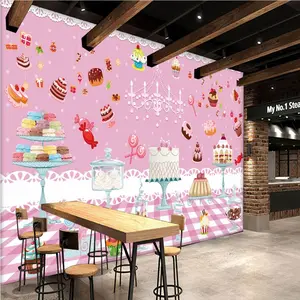 Десертный магазин, розовый фон, небольшой торт, стена, бетонные обои, дизайнерские обои, обои для детской комнаты