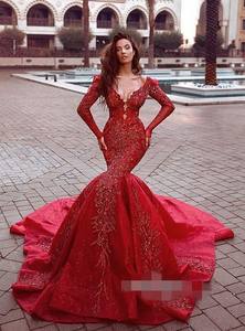 Gaun pesta dansa merah cantik 2025 gaun malam applique renda lengan panjang putri duyung - Product Image 2