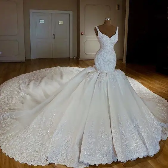 Robe de mariage 2023 Vintage V-neck Royal Train Satin Mermaid Wedding Dresses bridal gowns Lace Bridal Gowns Vestido de novia