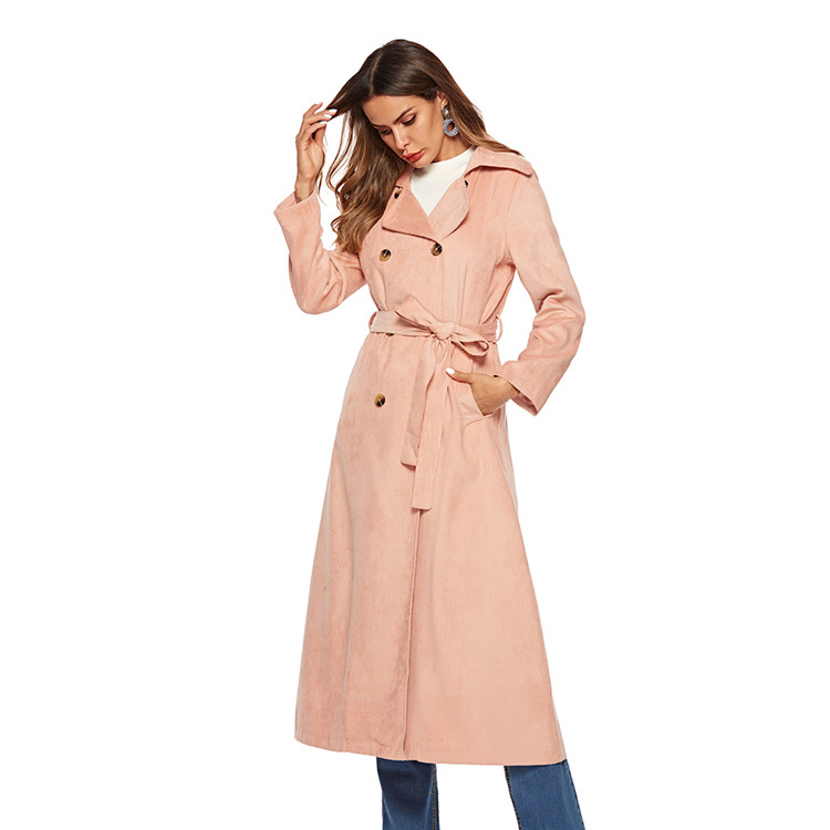 2019 New pink corduroy double breasted belted wrap coat for women, long winter coat women