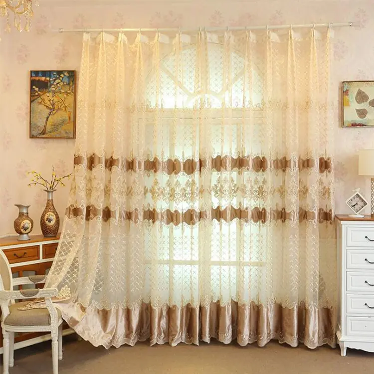 Luxury Embroidered Sheer Voile Curtains Window Gold Lace Curtains Tulle Windows, Drapes Cortina for Living Room Door