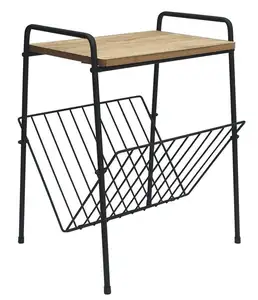 Black Metal Lamp Side Coffee End Table With Wood Top Magazine Rack Table