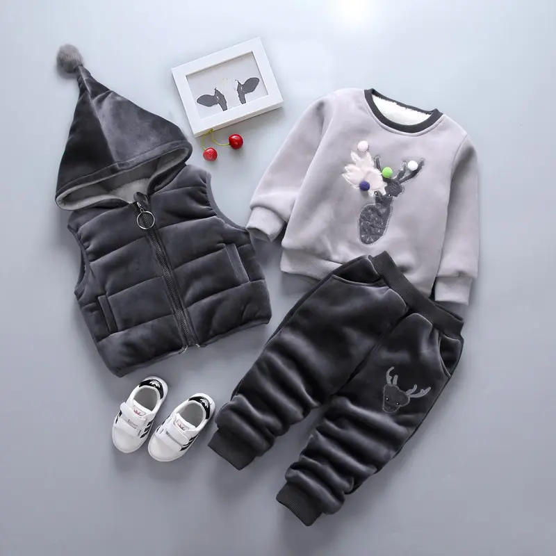 Hao Baby Winter Clothing Boys And Girls Kid Sweater Plus Velvet Thick Three-Piece Children Girls Suit