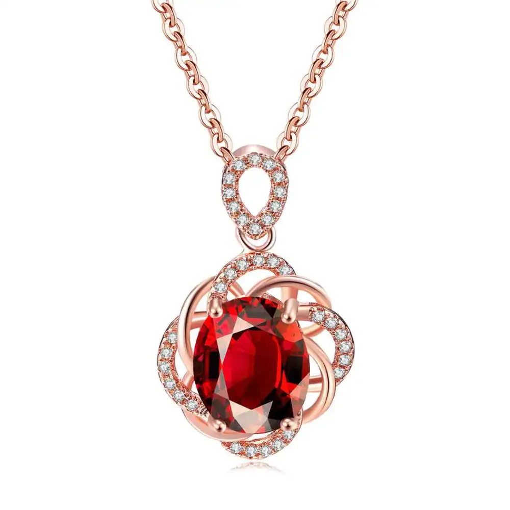 Simple Red Crystal Pendant Necklace Rose Gold Color For Women Party Engagement Jewelry Christmas Gift N615