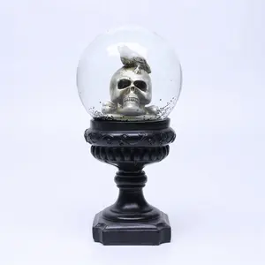 Halloween Decoration Custom Glass Skeleton Snow Globe With Tall Resin Base Stand