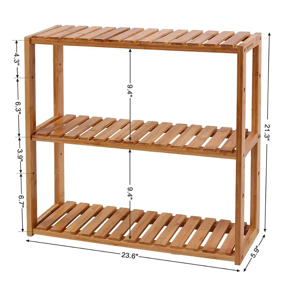 Prateleira de bambu multifuncional ajustável, prateleira com 3 andares para montagem na parede, organizador para banheiro, cozinha e sala de estar