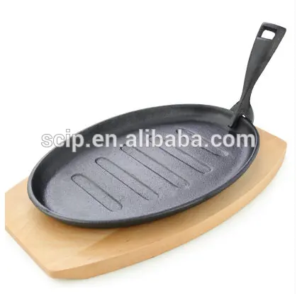 Ferro fundido pan bife com base de madeira, não- stick ferro fundido bife de panela