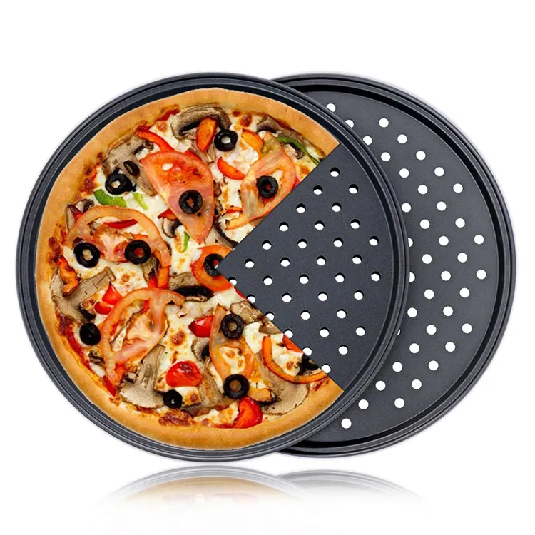 피자 팬 탄소 강철 붙지 않는 코팅을 가진 관통되는 굽기 팬 둥근 피자 Crisper 쟁반 공구 Bakeware 세트 부엌 공구
