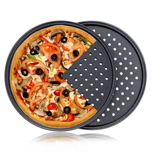 Pizza tava karbon çelik delikli fırın tepsisi yapışmaz kaplama yuvarlak Pizza sebzelik araçları Bakeware seti mutfak gereçleri