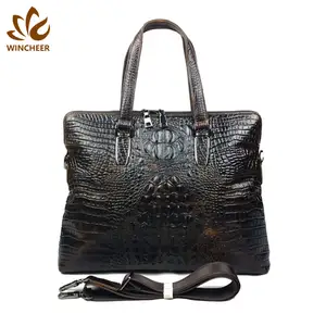 High quality soft black stylish crocodile grain leather briefcase for men