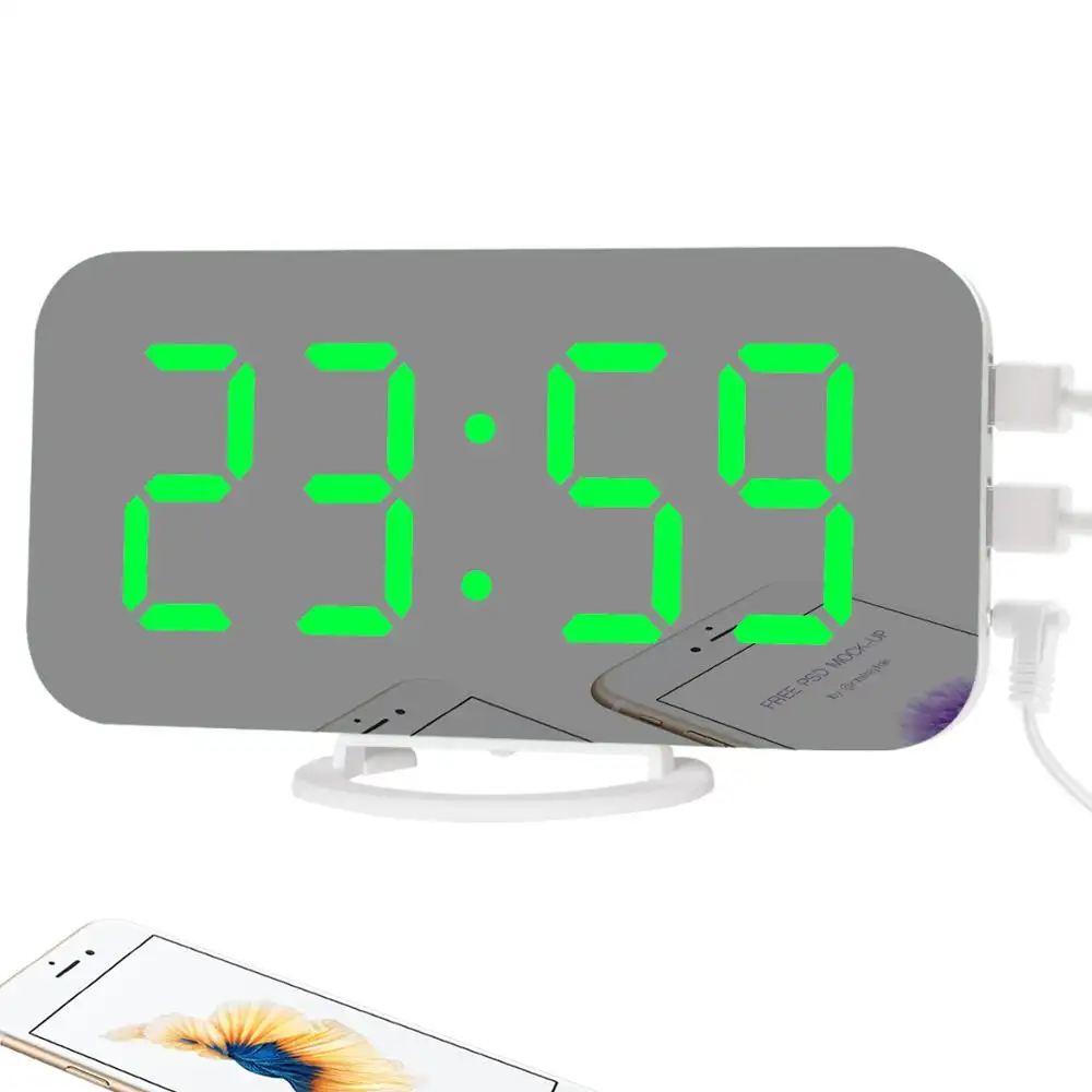 Korea Hot Seller White Digital LED Mirror Alarm Clock 24時間Desktop Decorative Wall ClockとUSB Charger