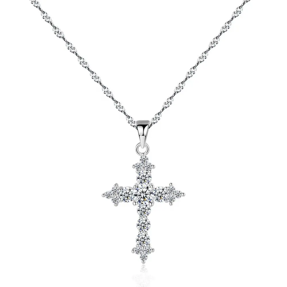 CZCITY 925 Sterling Silver Jewelry Women Cubic Zircon Pendant Necklace Exquisite Twisted Chain Cross Necklace