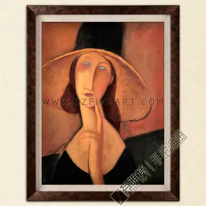 Portrait of a Woman (Jeanne Hbuterne) in Large Hat, c.1918, 100% Handmade Oil Painting Canvas Reproduction of Amedeo Modigliani