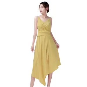 Vestido largo asimétrico elegante para mujer, vestido amarillo liso con tirantes y escote en v para fiesta y noche