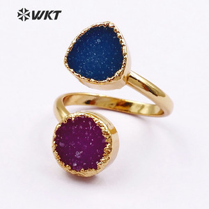 WT-R119 Adjustable Gold <strong>Stone</strong> <strong>Ring</strong>, Double Druzy Geode <strong>Ring</strong>, Druzy Jewelry Gold Plated <strong>Ring</strong> <strong>Two</strong> Stones <strong>Ring</strong> - Product Image 4