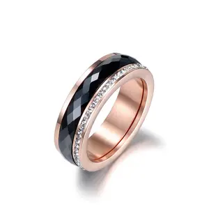 Women Rose Gold Titanium Steel Cubic Zirconia Engagement Ring With Black Ceramics Wedding Rings Jewelry