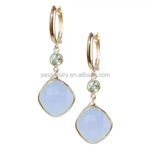 PES Fine Jewelry! Two Sides Double Cushion Cut Milky Blue Prehnite Peridot Earrings