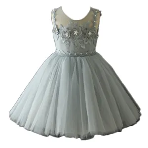 Latest net dress designs elegant gray flower baby girl cotton frocks western party wear for 7 years old girl