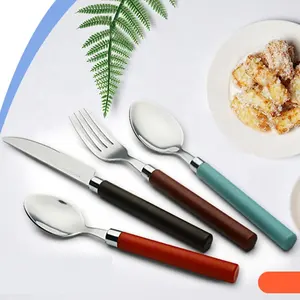 Juego de cubiertos de acero inoxidable con mango de plástico, cuchillo de cena, tenedor, cuchara, pulido de espejo alemán de lujo, para boda, venta al por mayor