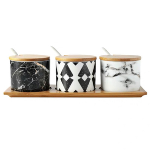 Salt Sugar Spice Pepper Ceramic Marble <strong>Canister</strong> <strong>Set</strong> <strong>of</strong> 3 with Ceramic Spoon &amp; Wooden Lid - Product Image 6