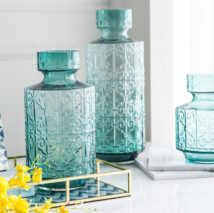 American country embossed pine green colored glass vase dried flower