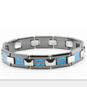 CHENG JEWELERS vente en gros de carbure de tungstène et de céramique noire incrustation de bracelets en <span class=keywords><strong>opale</strong></span> bleue pour hommes hautement polis - Product Image 1