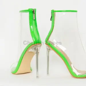 Mode Dames Patent Clear Hakken Laarzen Voor Vrouwen Dames Peep Toe Back Rits Transparante Perspex Stiletto Hakken Enkellaars