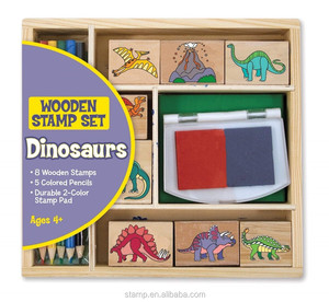 Tampons de bois en caoutchouc pour enfants, lot de tampons, design de dinosaure, avec crayon de couleur et jeu d'encre - Product Image 2