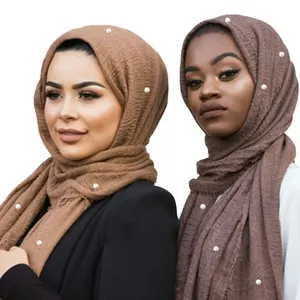 2019 Musim Semi Musim Panas Desain Jilbab Polos Maxi Viscose Jilbab Muslim Hijab Bernapas Kerut Katun Jilbab dengan Manik-manik