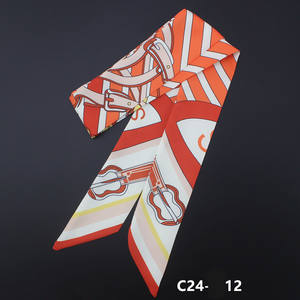 定制紧身围巾头巾数码印花头巾钥匙图案长柄包丝带斜纹女式真丝围巾 - Product Image 4