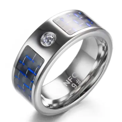 Huilin-anillo inteligente de fibra de carbono azul con diamantes, NFC, personalizado