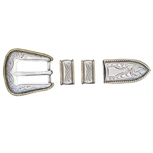 Western Buckle Set 4 pieces conjunto de hebilla Nickle with Gold Plate Roped engraved cowboy belt buckle Fits 3/4 Inches Belts