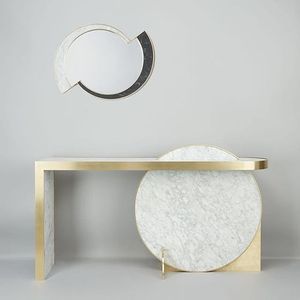 Luxury White <strong>Round</strong> Marble Golden Edge <strong>Console</strong> <strong>Table</strong> with Mirror - Product Image 4