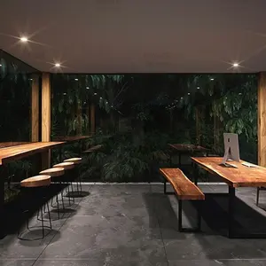 Barra de móveis para restaurante, mesa de jantar com borda ao vivo, design personalizado, topo de madeira e perna de metal