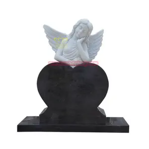 Natural Stone White Wings Angel statues Black Marble Heart Shaped Tombstone Headstone