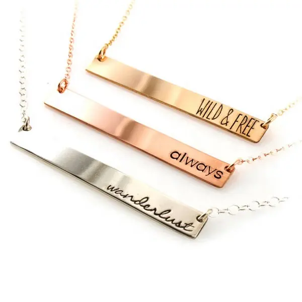 2017 Personalize Stamped Customized Jewellery Shiny Stainless Steel Silver Bar Necklace Engrave18K Gold