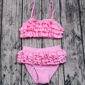 Yawoo 热卖儿童女孩时尚比基尼套装粉红色婴儿泳装夏季儿童泳装 2 件纯色露背海滨泳衣