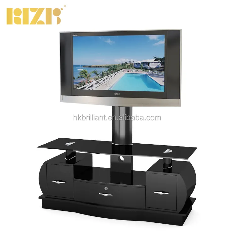 Meuble tv de luxe en bois, avec trois tiroirs, support tv à haute peinture noire brillante, avec support pivotant inclinable, meuble de salon