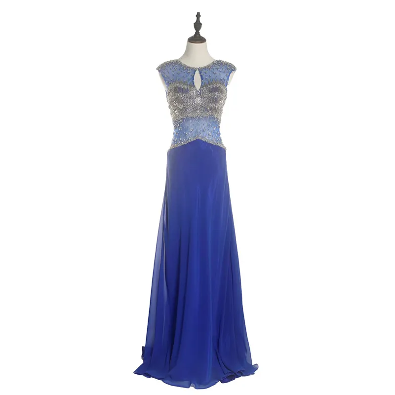 Beaded cap sleeve blue gown ladies elegant chiffon evening dresses long