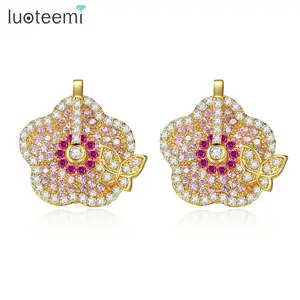 LUOTEEMI Tiny Pink Cubic Zirconia Hình Thành Hoa Và Bướm Stud Cho Phụ Nữ Bông Tai Thời Trang