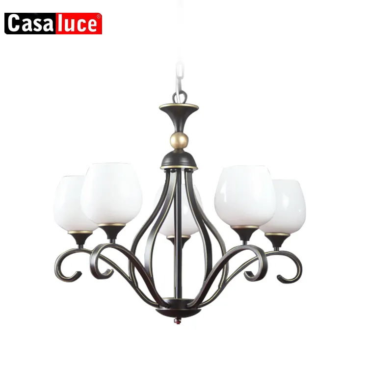 Decorative residential glass shade and gold color metal antique brass pendant chandelier light