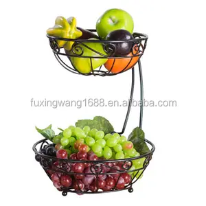 Cesta de frutas em aço com suporte para cestas de ferro, cesto de frutas de 2 camadas e servidor de 2 camadas