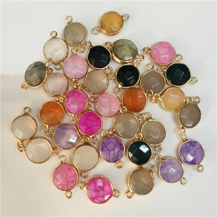 Gemstone Connector Round Shape 10mm Gold Plated Agate Stone Bezel Link Double Bail Charm Pendant
