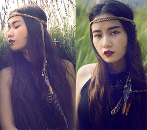 Bohemian Lông Vải Headband Cô Gái Headband Gỗ Đàn Hồi Đính Cườm Headband - Product Image 4
