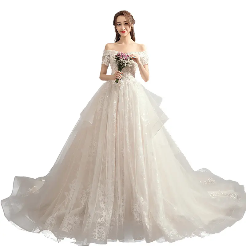 New Design Short Sleeve Elegant Bridal lace Gown floral applique long trailing wedding dress